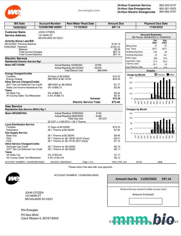 USA Wisconsin we Energies szablon rachunku za energię elektryczną w formacie Word i PDF